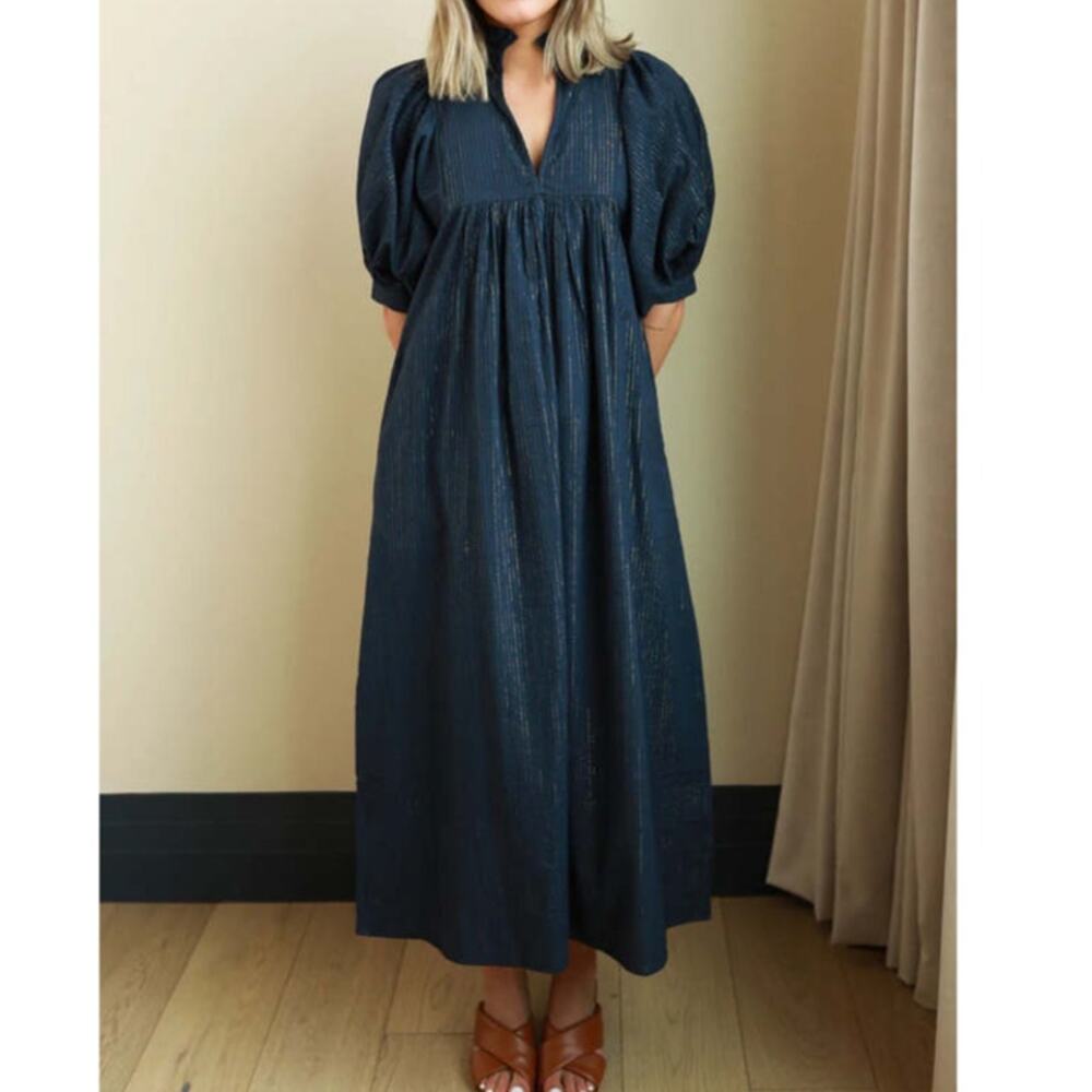 Never A Wallflower High Neck Midi Dress M Navy Gold Pinstripe Ruffle Pockets